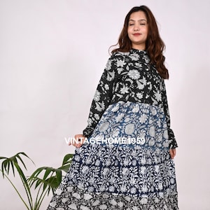 Block Gedrucktes Baumwoll Maxi Kleid: Floral Patchwork 3 Tier Boho Kurti