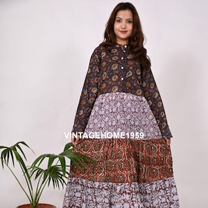 Maxikleid aus Baumwolle mit Handblockdruck: Boho-Sommer-Tunika