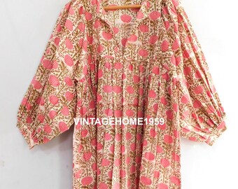 Vestido túnica de algodón con estampado de bloques: vestido bohemio de verano multicolor
