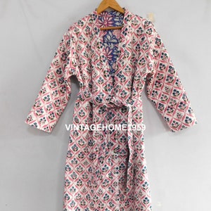 Handmade Reversible Cotton Quilted Kimono Robe: Block Printed Long Coat