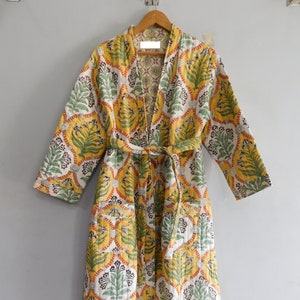 Women Quilted Kimono, Reversible Block Printed Robe, Winter Long jacket, Floral Printed Long Robe, Christmas Gift For Her