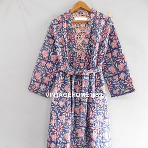 Handmade Reversible Cotton Quilted Kimono Robe: Block Printed Long Coat