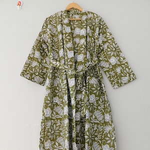Indian Cotton Hand Block Printed Floral Print Kimono Bridesmaid Robe Dressing Gown Bathrobe