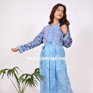 Women Cotton Block Printed Patchwork Kimono Hippie Plus Size Dressing Gown Bridesmaid Robe Nightgown