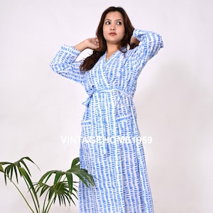 Hand Block Printed Cotton Kimono Robe: Indian Hippie Gown