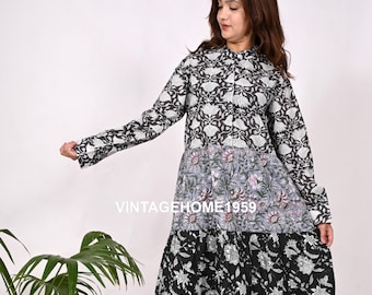 Hand Block Printed Cotton Dress: Bohemian Patchwork Tiered Maxi