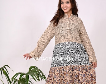 Robe longue en coton à imprimé bloc : tunique d'été bohème à plusieurs niveaux