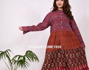 Robe longue en coton imprimé blocs de main : tunique d'été indien à plusieurs niveaux