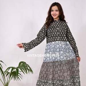 Maxikleid aus Baumwolle mit Handblockdruck: Florale Boho Tunika