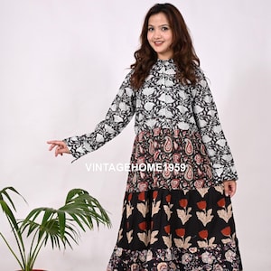 Block Print Baumwolle Maxi Kleid: Boho Hippie Gestufte Tunika