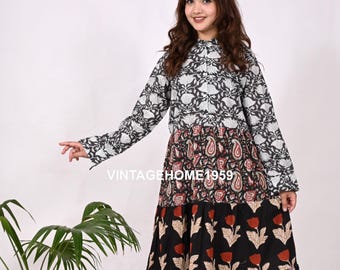 Robe longue en coton à imprimé bloc : tunique bohème hippie à plusieurs niveaux