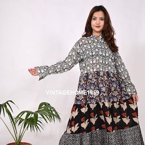 Floral Block Print Maxi Kleid: Baumwoll abgestuften Strand Tunika