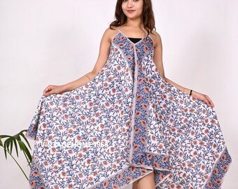 Vestido de verano de algodón estampado a mano: túnica playera informal, talla grande