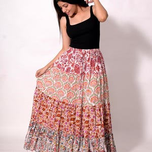 Hand Block Printed Floral Patchwork Skirts Women Tier Long Skirts Summer Gift for Her