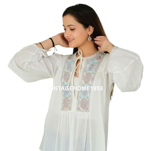 Indian Cotton White Embroidered Women Blouse Voile Summer Tunics Bohemian Bamboo Sleeves Top Beach Dress