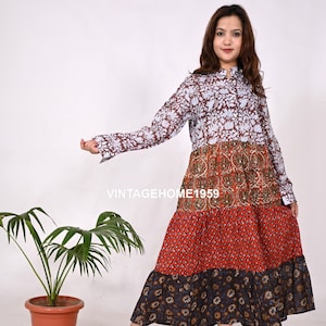 Handblock Gedruckt Blumen Kleid: Boho Patchwork Tunika