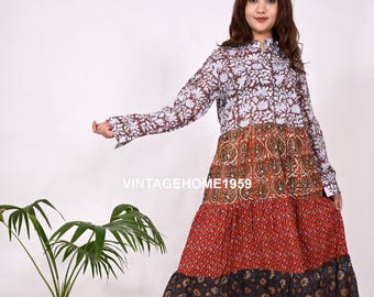 Hand Block Printed Floral Dress: Bohemian Patchwork Tunic