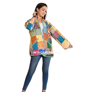 Vintage Silk Patchwork Quilted Kimono Jacket: Boho Plus Size Coat