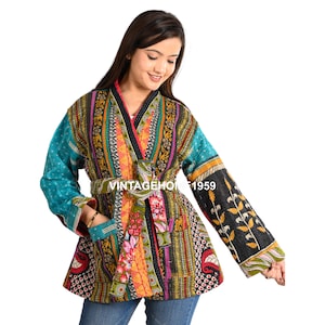 Vintage Cotton Kantha Jacket Hippie Recycled Sari Belted Jacket Free Size Quilted Fashionable Coat