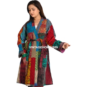 Silk Patchwork Kimono Jacket: Bohemian Hippie Long Coat