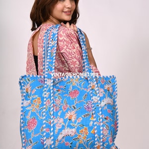 Bolso tote de algodón acolchado con estampado floral: bolso de hombro indio reversible