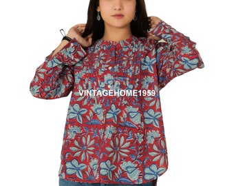 Hand Block Printed Red Blouse Floral Print Women Short Top Summer Tunics Designer Formal Top Gift For Her