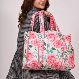 Reversible Quilted Cotton Tote Bag: Floral Print Shoulder Bag