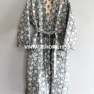 Floral Print Grey Quilted Long Jacket Reversible Dressing Gown Block Printed Bridesmaid Robe Winter Jacket Long Coat