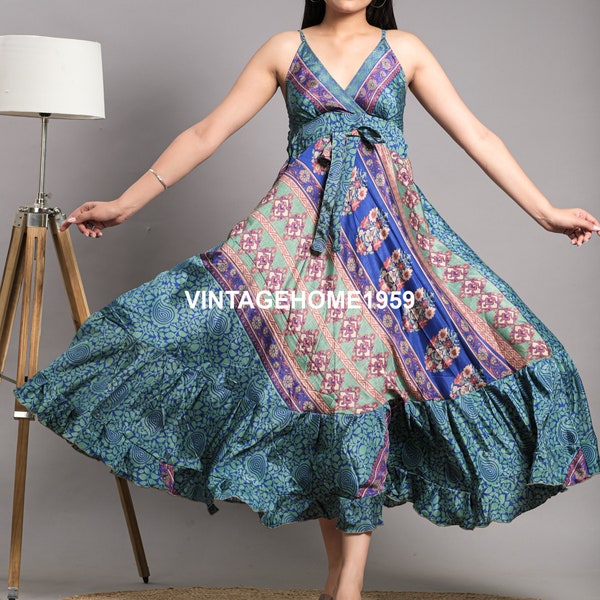 Vintage Silk Sari Recycled Wrap Dress Halter Neck Dress Backless Long Dress Free Size Beach Tunics For Women