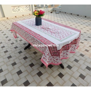 Indian Block Print Cotton Tablecloth with Napkins: 6-Person Table Linen Set