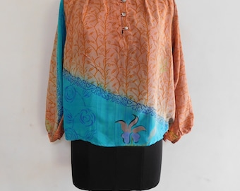 Vintage Silk Sari Women Short Blouse Hippie Bohemian Shirt Dress Casual Summer Boho Tunic Indian Top