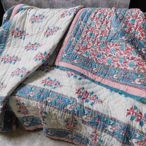 Hand Block Printed Queen Size Cotton Quilt: Floral Jaipuri Rajai Bedcover