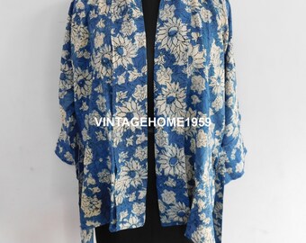 Indigo Floral Print Cotton Robe: Boho Beach Dress Sleepwear