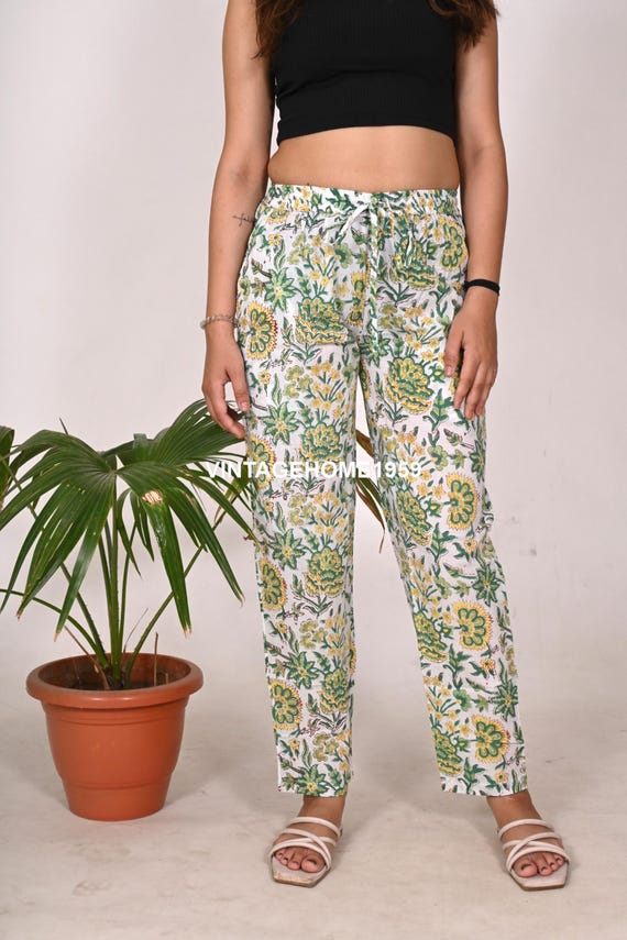 Floral Print Women Cotton Casual Trousers Hippie Hand Block