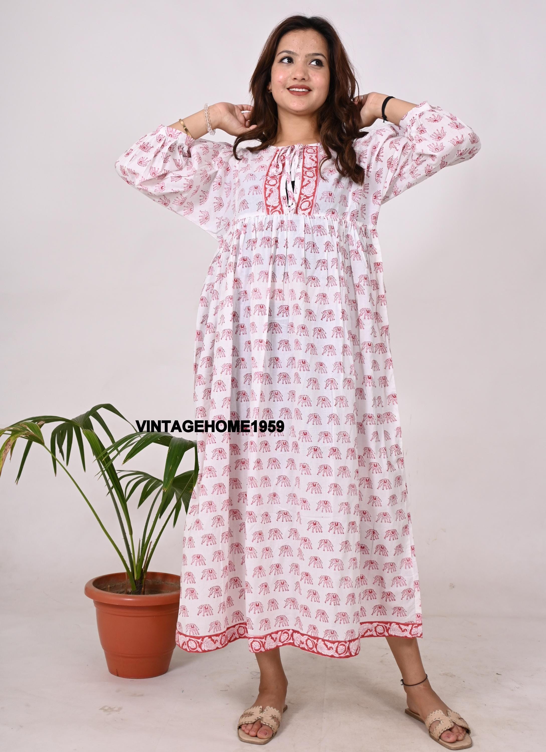 Elephant Print Cotton Maxi Dress: Boho Summer Tunic, Plus Size Elephant Print Cotton Maxi Dress: Boho Summer Tunic, Plus Size
