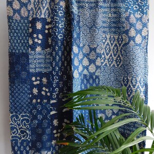 Indigo Cotton Kantha Quilt: Handmade Patchwork Queen Bedspread