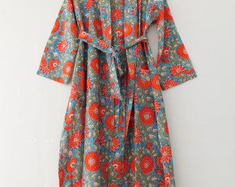 Hand Block Printed Women Cotton Kimono Bridesmaid Robe Sexy Dressing Gown Nightwear Japanese Kimono