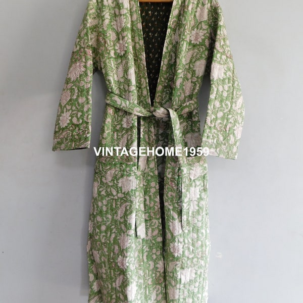 Green Floral Print Women Long Jacket ,Boho Free Size Reversible Long Coat, Christmas Gift For Her, Warm Cozy Quilted Robe