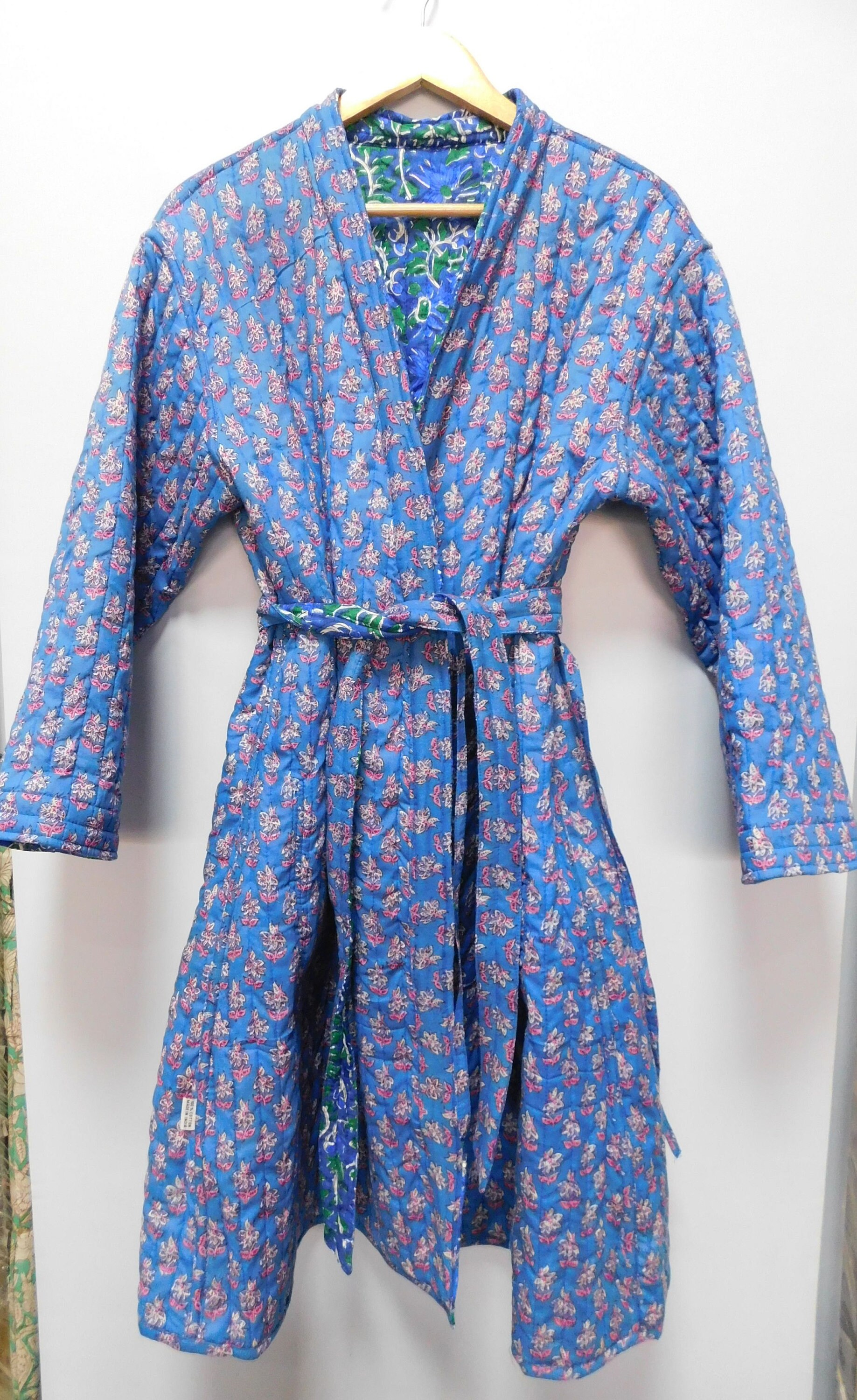 Blue Print Floral Indian Cotton Quilted Long Robe Block Etsy Australia