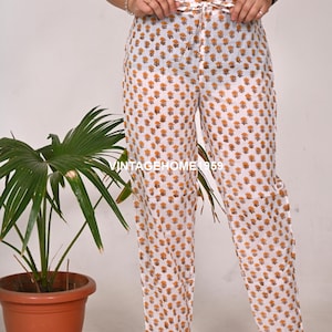 Floral Print Indian Cotton Hand Block Summer Pajamas Women Drawstring Pants Casual Comfortable Trousers