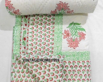 Floral Print Cotton Quilts , Queen Size Handmade Rajai , Handmade Printed Jaipuri Razai , Winter Warm Quilts For Home