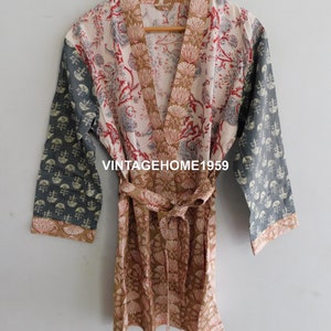 Indian Cotton Kimono, Patchwork Short Kimono, Summer Boho Dressing Gown, Casual Bathrobe , Nightwear Dress