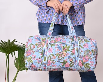 Floral Print Cotton Quilted Duffle Bag: Hand Block Printed Boho Gym Travel Bag
