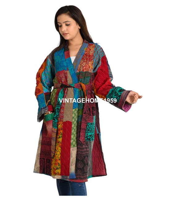 Giacca kimono in patchwork di seta hippie boho invernale per