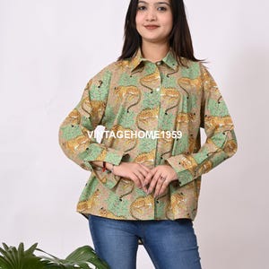 Imprimé tigre fait main coton femmes sacs manches longues chemises d'été cadeau pour elle chemises formelles grande taille