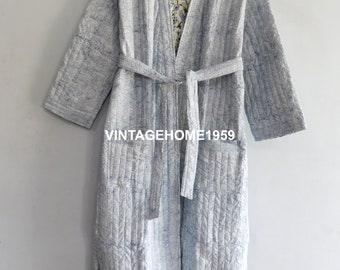 Women Grey Cotton Block Printed Long Kimono Quilted Reversible Kimono Jacket Fashionable Hippie Floral Coat