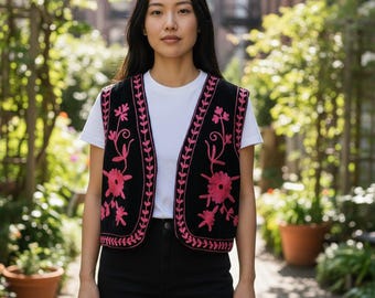 Indian Velvet Women Suzani Embroidered Jackets Designer Waistcoat Boho Sleeveless Casual Vest