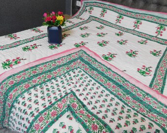 Floral Print Queen Size Cotton Quilts Hand Block Printed Jaipuri Rajai Quilt Comforter Soft Bedspread Throw