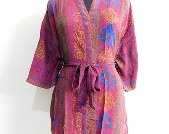 Vintage Crepe Silk Floral Short Kimono Sexy Summer Robe Casual Lounge Wear Nightgown Sleepwear Beach Dress