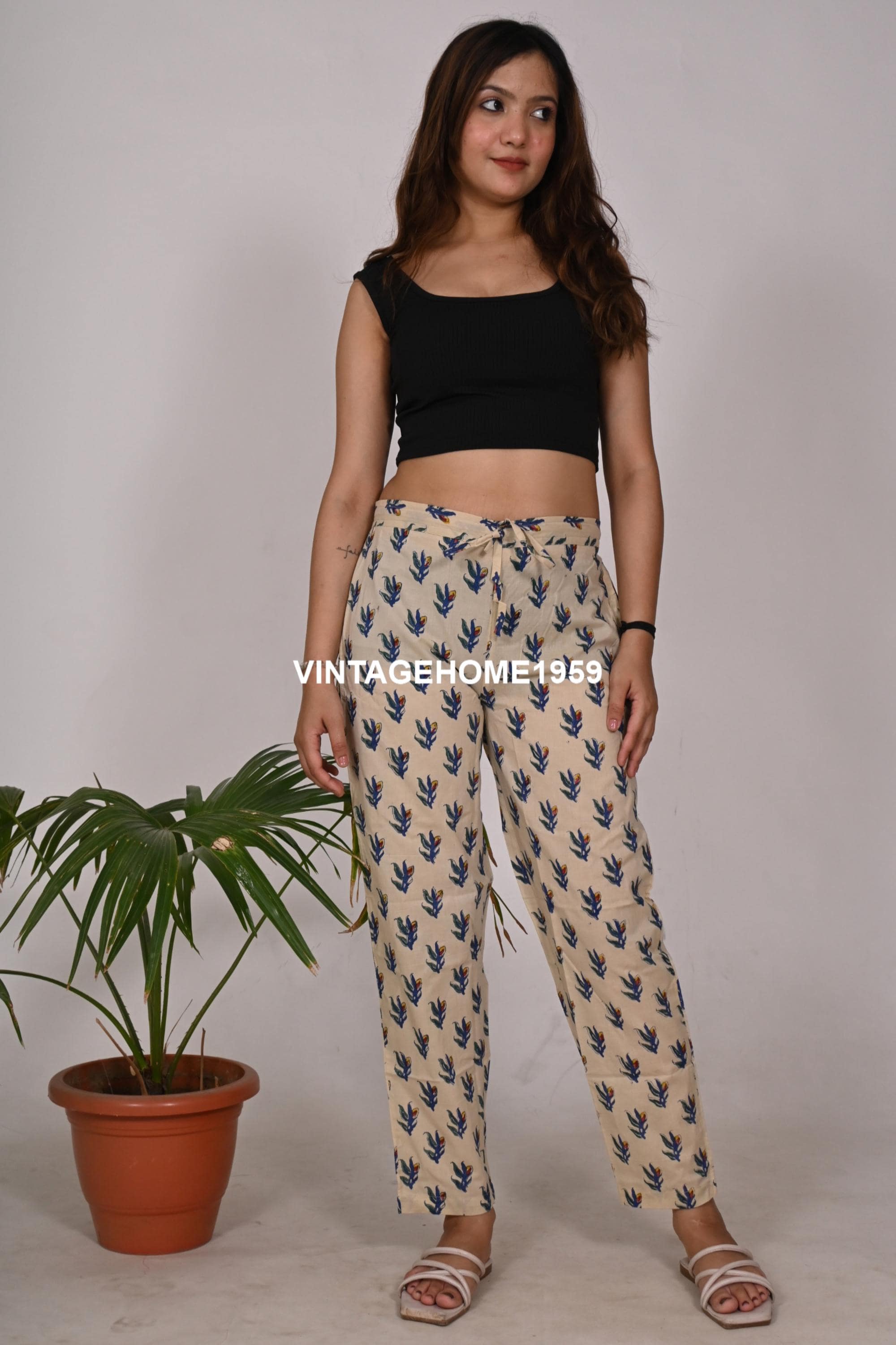 Hand Block Printed Women Cotton Floral Print Pants Comfortable